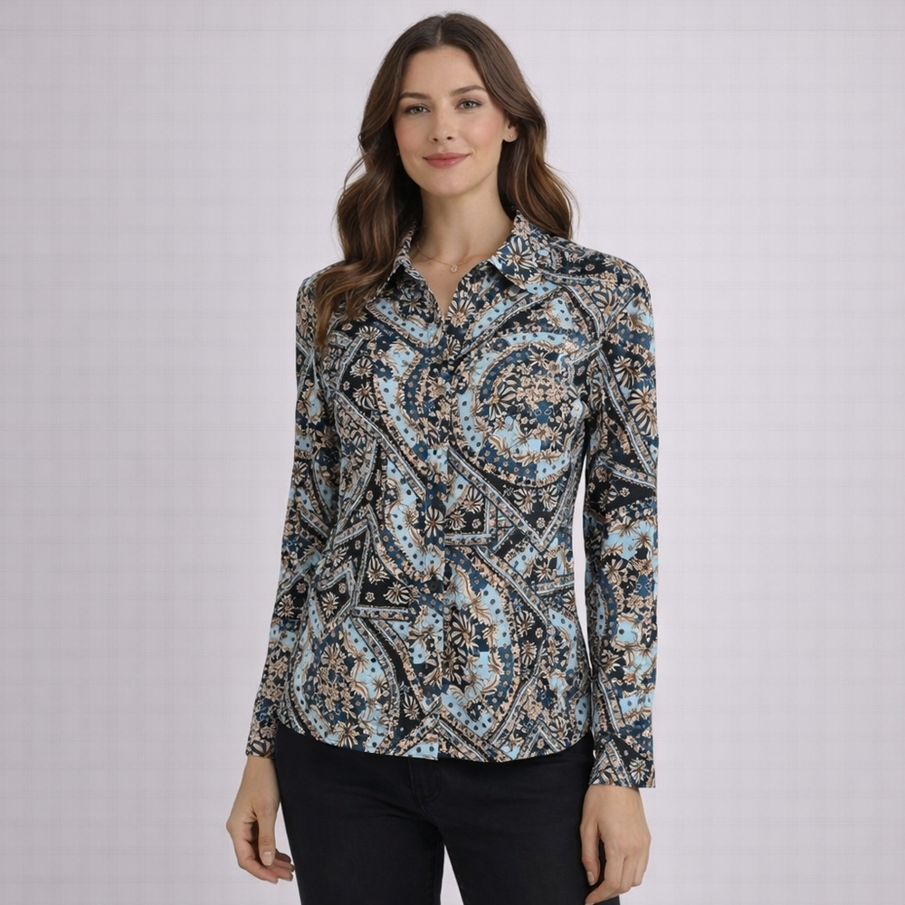 Boston Proper Sophia Button down Blue Green Charmeuse Satin Blouse 12